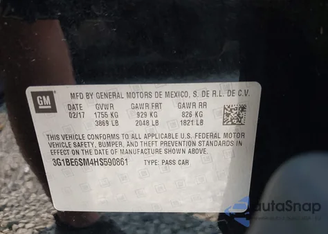 2017 Chevrolet Cruze Lt Auto z USA, uszkodzony, nr VIN 3G1BE6SM4HS590861